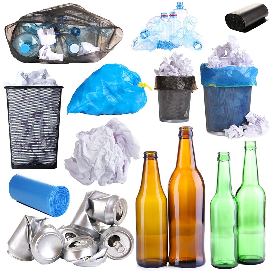 Collage of different garbage isolated on white